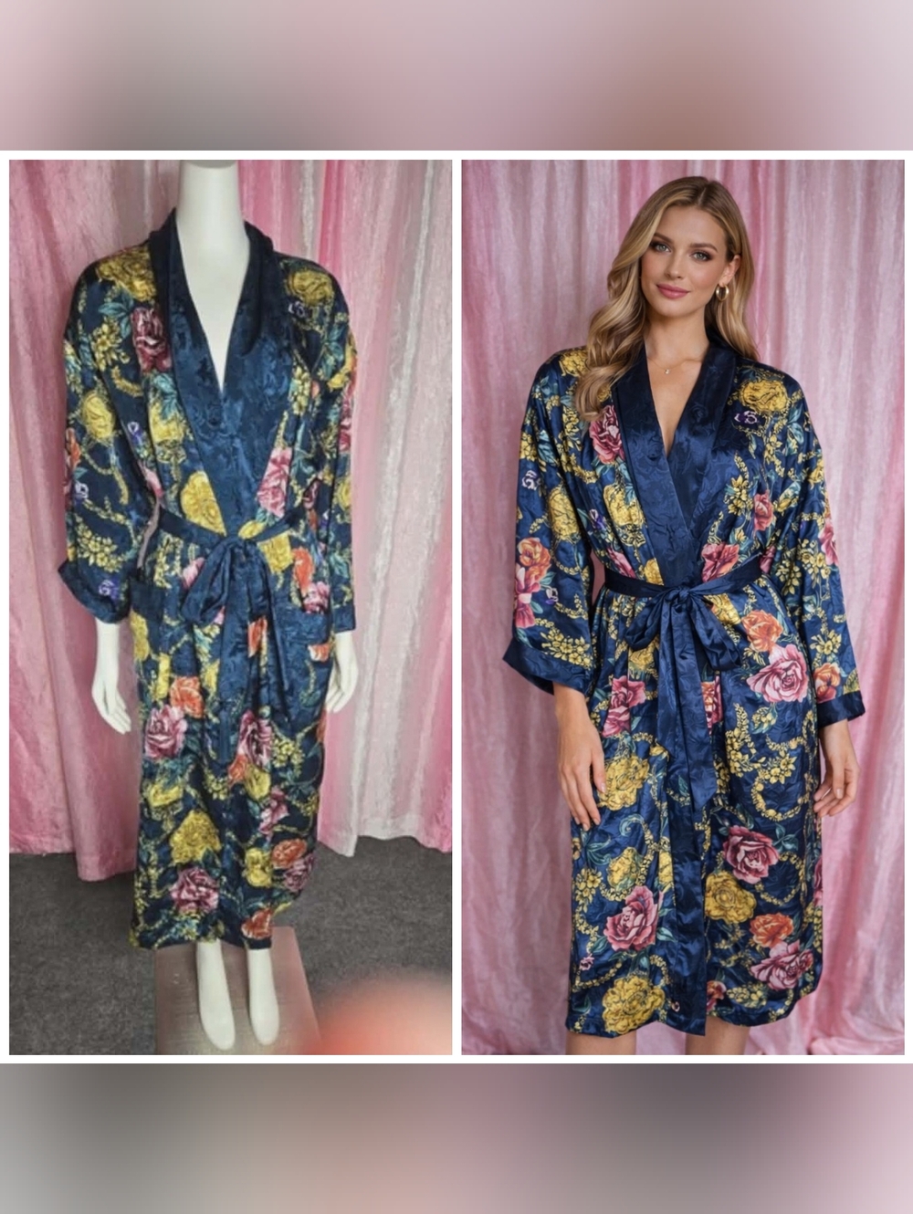 Victoria's Secret Vintage Gold Label Floral Satin Belted Kimono Robe Size Small